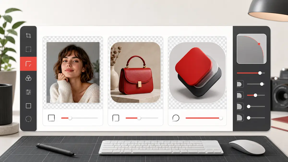 Add rounded corners to image tool preview showing a square photo with adjustable rounded corners and transparent PNG edges