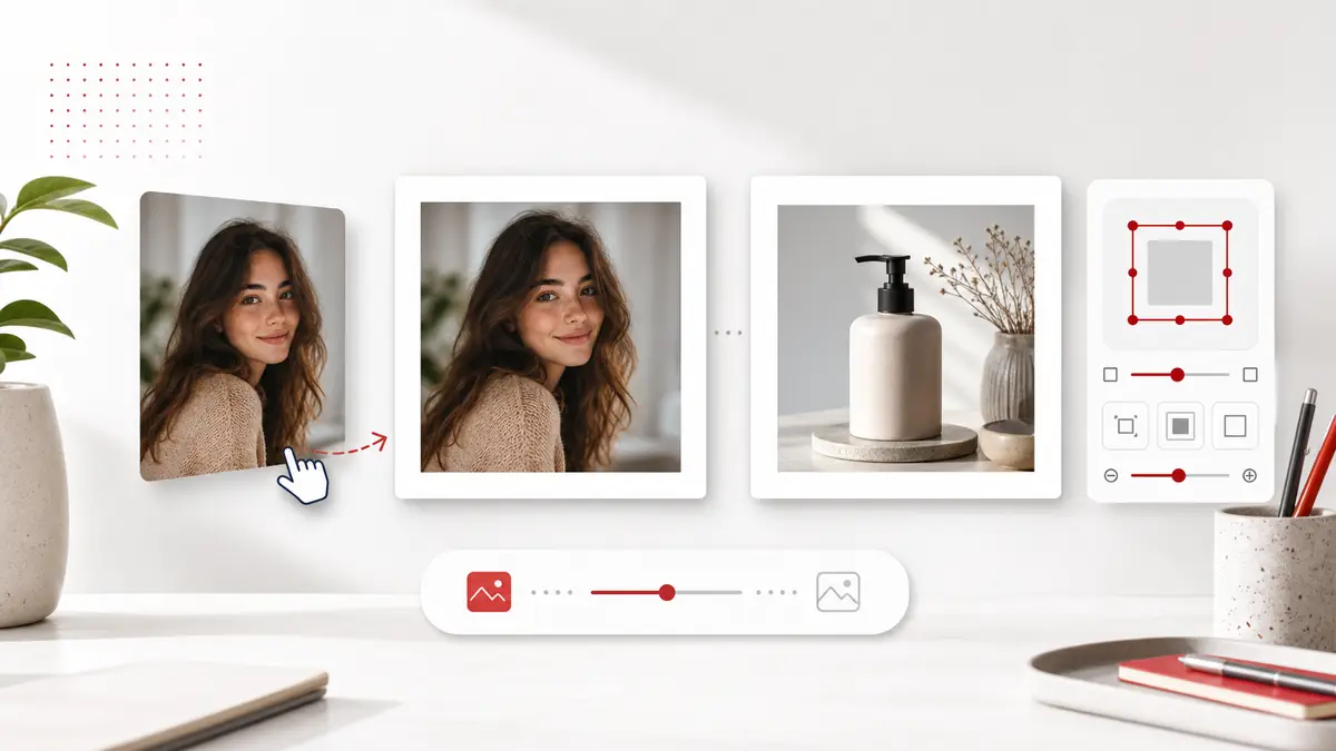 Add white border to photo tool preview showing a portrait and product image inside clean square white frames