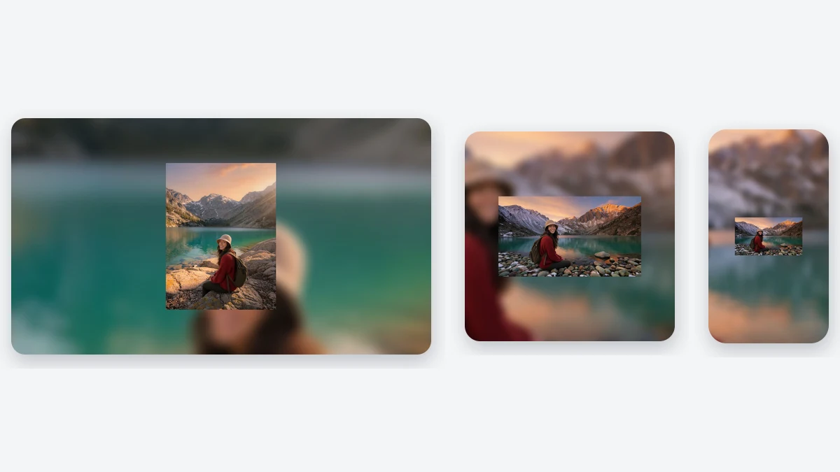 Blurred frame examples in 16:9, 1:1, and 9:16 with side blur around a centered photo
