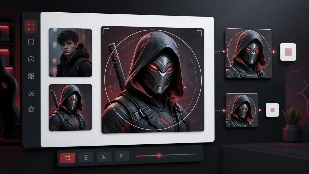 Discord profile picture size converter preview showing a 512x512 avatar with a circle safe area and 128x128 preset