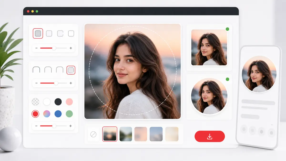 Square profile picture maker showing rounded corners and circle avatar preview around a centered portrait photo