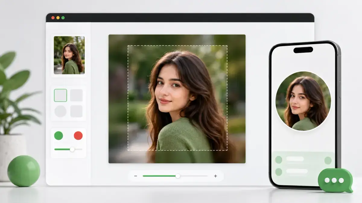 WhatsApp DP no crop tool preview showing a portrait fitted into a square profile picture with circle avatar preview